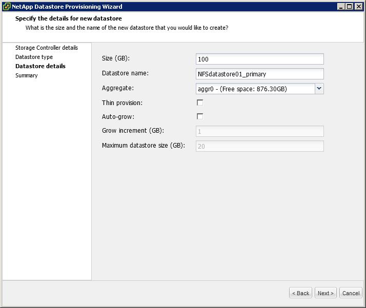 Select the NFS datastore type and define the datastore size,