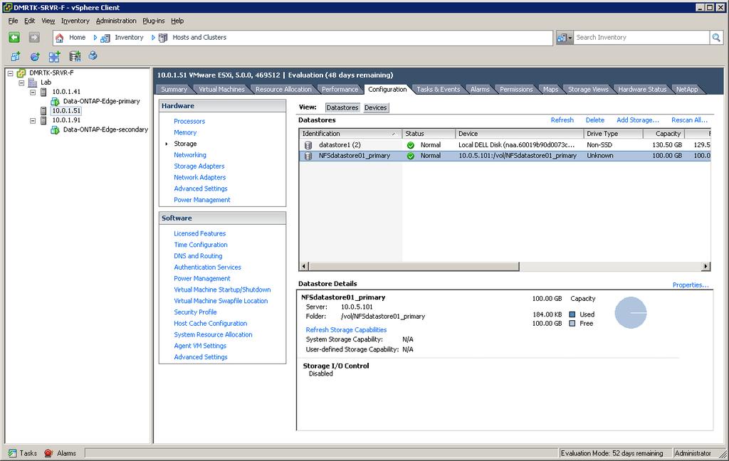 Select a vsphere server and open the Configuration tab, Storage window.