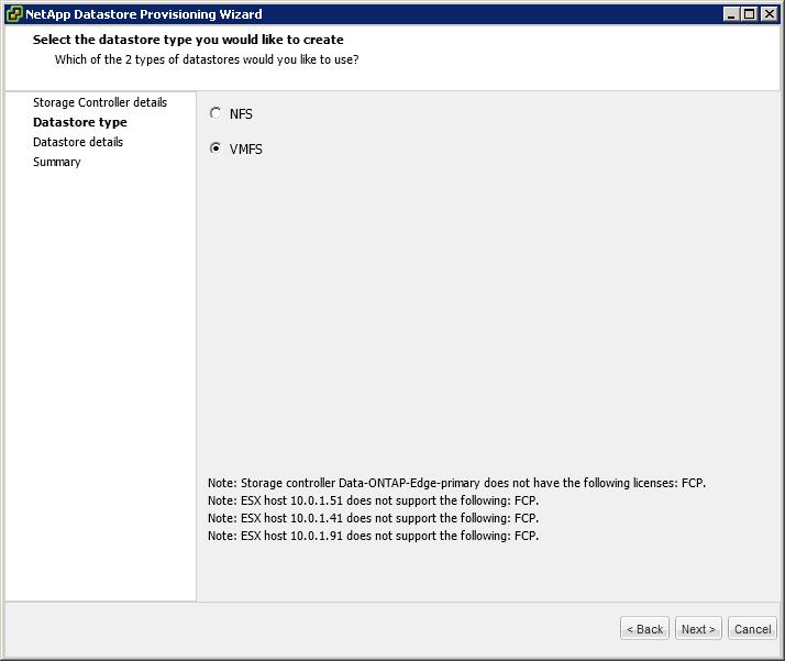 Select the VMFS datastore type, choose the iscsi protocol, and define the datastore size, name, target volume (or have a volume be created automatically), NetApp