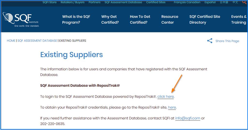 Logging in to ReposiTrak The first step in reregistering a facility for your next audit is to log into the ReposiTrak SQF Assessment Database.