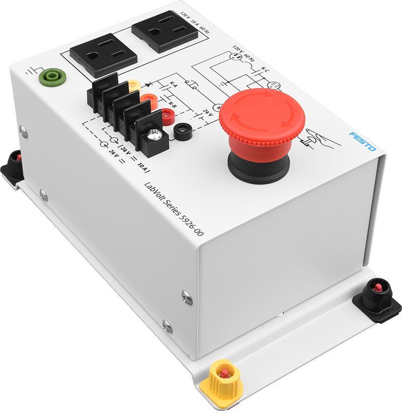 The Indicator-Light/Push-Button Station also features three indicator lights. Both the push buttons and indicator lights operate at a voltage of 24 V.