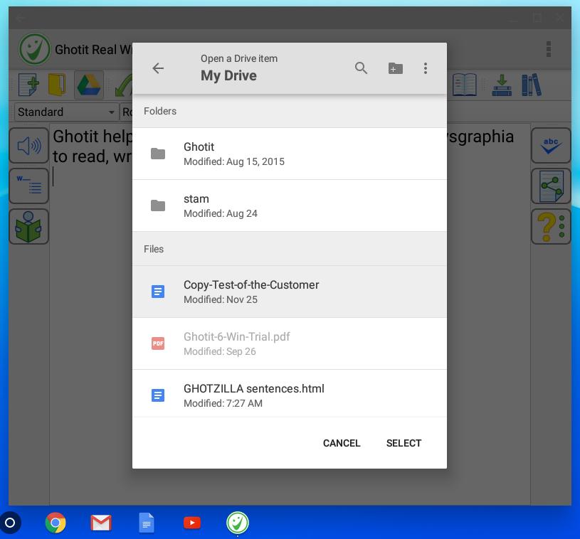 After signing into your Drive account, navigate Google Drive File Picker dialog and select the file Google Docs