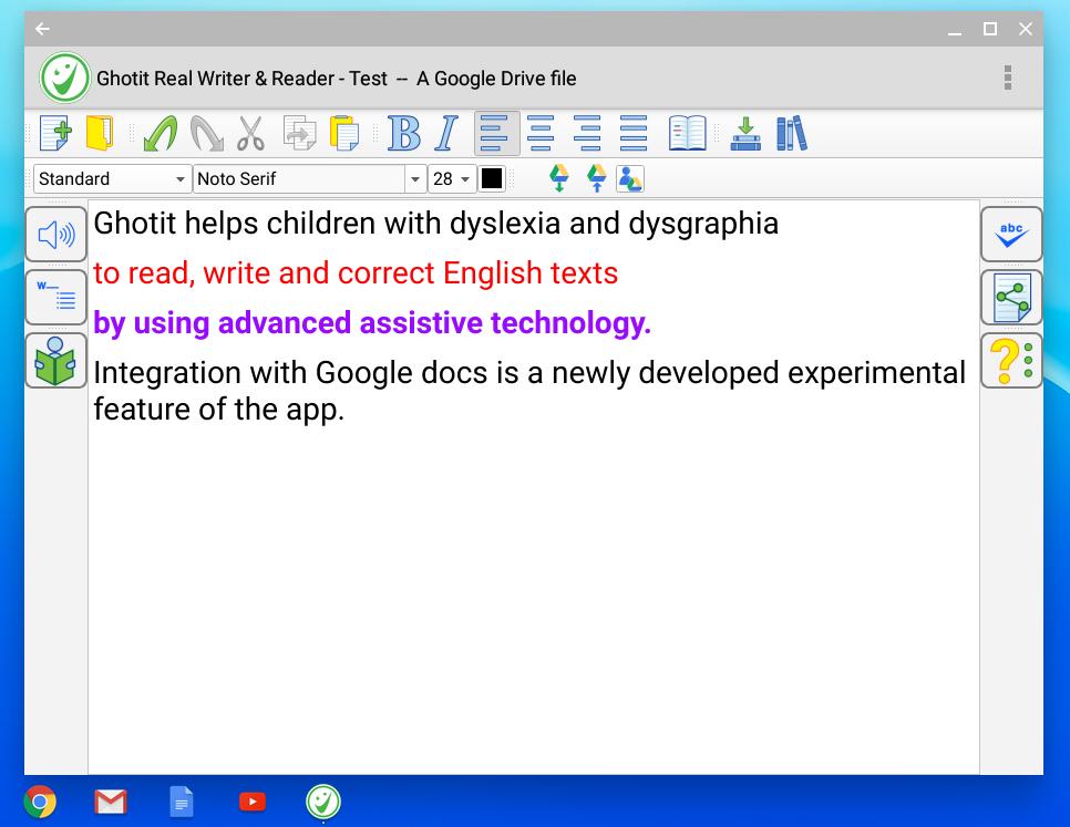The selected Google Docs file is loaded into Ghotit Real Writer editor. When a Google Docs file is opened, it is indicated at the window title by A Google Docs File. Fig. 20.