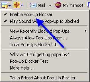 Pop-Up Blockers / Yahoo Toolbar To disable the Pop-Up Blocking feature in the Yahoo Toolbar: 1. Click the Down arrow beside the Pop-Up Blocker icon 2.