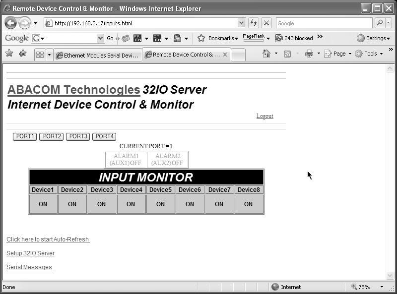 The index.html page permits the selection of each port. If the particular port is configured as an input port then the INPUT MONITOR table will be displayed on the inputs.html page. Here the status of all 8 inputs of the particular port will be displayed as well as the status of the AUX/ALARM inputs.
