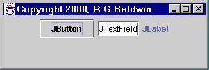JFrame JButton JLabel JTextField I will provide a simple application that makes use of these components as "drop in" replacements for the AWT components having similar names: Frame Button Label