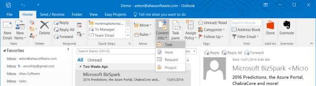 Convert Such Outlook objects as Mail, Task, Appointment, Meeting, or Note can be converted to an EP Activity or Project manually.