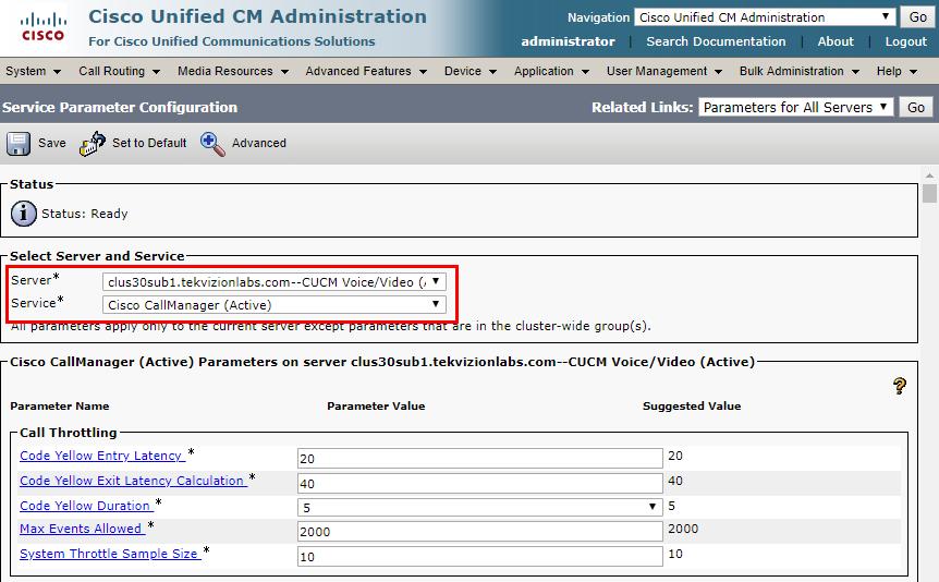 Version Select Server* = Clus20pub1--CUCM Voice/Video (Active) Select Service*= Cisco
