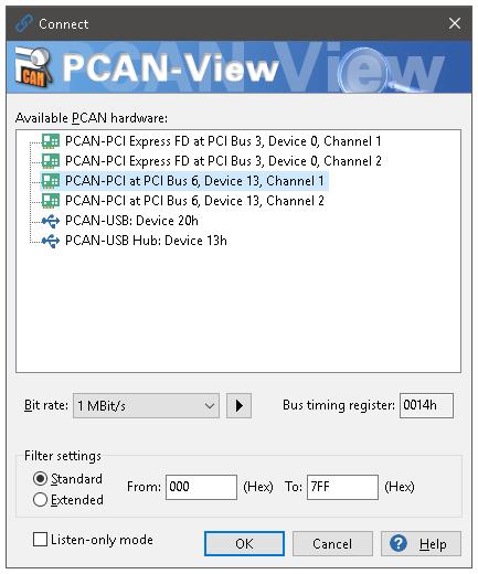 Do the following to start and initialize PCAN-View: 1. Open the Windows Start menu and select PCAN-View. The Connect dialog box appears. Figure 8: Selection of the hardware and parameters 2.