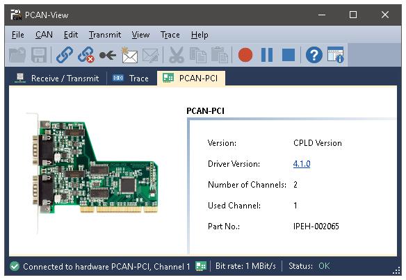 4.1.3 PCAN-PCI/104-Express Tab Figure 12: PCAN-PCI tab (example) The PCAN-PC/104-Plus tab contains some detailed information about the hardware and driver. 4.1.4 Status Bar Figure 13: Display of the status bar The status bar shows information about the current CAN connection, about error counters (Overruns, QXmtFull) and shows error messages.