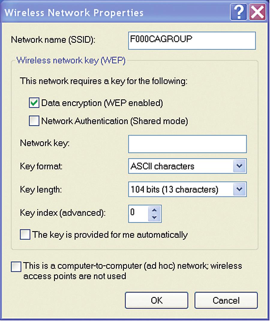 Configuration Select a network name or access point and click the Advanced button to enter an SSID network name or WEP key if necessary.