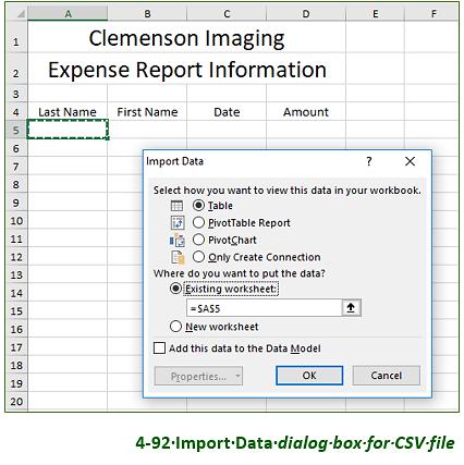 g. Select Existing worksheet. Verify that cell A5 displays as the destination (Figure 4-92). h. Click OK to import the data. i. Cut and paste the labels in row 4 to replace the labels in row 5.