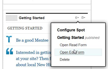 72. We also need to tell the Getting Started portlet to publish its tag information, click on the Display content menu icon at the top right corner of Getting