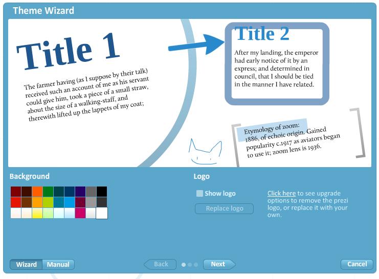 Prezi offers a Theme Wizard for even greater customization. Individual fonts and colors may be chosen by a Wizard or Manually. A Color Picker is available or you may chose colors by their RGB value.