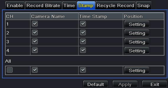 You can also choose a position for the stamp on the screen. Step1: Enter into Menu Setup Record Stamp tab. Refer to Fig 4-13 Step2: Checkmark camera name and time stamp; click Setting button.