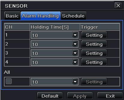 Fig 4-19 Alarm Configuration-Sensor-Alarm Handling Fig 4-20 Alarm Handling-Trigger Step 6: Enter into alarm tab to select the options to handle alarm.