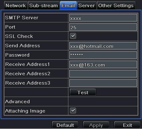Fig 4-30 Network Configuration-Email (SSL); user can setup mail servers (such as Gmail) as required.