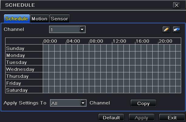 4.4.1 Schedule HD-TVI DVR User Manual This tab allows defining schedule for normal recording for seven days of a week, 24 hours of a day. Every row denotes an hourly timeline for a day.