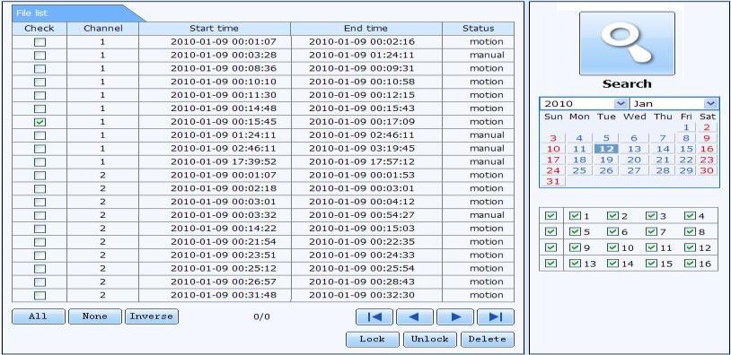 Fig 7-7 File Management Interface 2 3 Select highlighted date and channels. Click Search button to search the recorded files.