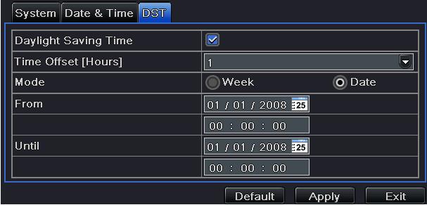 interface, enable daylight saving time, time offset, mode, start & end month/week/date, etc.