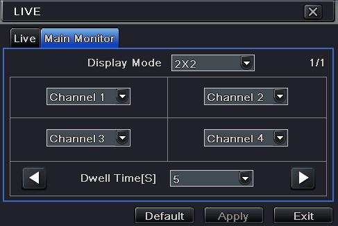 4.2 Live Configuration Live configuration includes two submenus: live and main monitor. 4.2.1 Live DVR User Manual In this tab, user can setup camera name. Step1: Enter into Menu Setup Live Live tab.