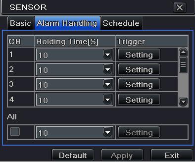 4.5.1 Sensor Sensor includes three sub menus: basic, alarm handling and schedule. Operate the following steps to configure sensor alarm: Step1: Enter into Menu Setup Alarm Sensor Basic tab.