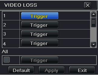 4.5.3 Video Loss Step1: Enter into Menu Setup Alarm Video Loss tab. Refer to Fig 4-23: Step2: The setup steps of video loss trigger are similar to alarm handling. You can refer to Chapter 4.5.1 Sensor alarm handling for more details.
