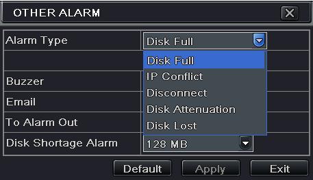 4 Other Alarm This tab gives a choice to configure alarm for Disk Full, IP Conflict, the Disconnect event, Disk Attenuation or Disk Lost. Step1: Enter into Menu Setup Other alarm tab.