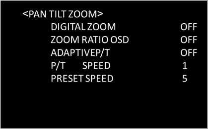 Turn it ON to activate defog mode. PAN TILT ZOOM Menu The PAN TILT ZOOM menu is used to select the pan/tilt/ zoom mode. DIGITAL ZOOM: Set to DIGITAL ZOOM ON, 12X digital zoom is activated.