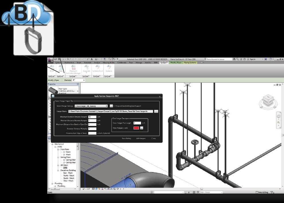 SysQue Supports Model real manufacturers hangers directly in Revit MEP with accurate hanger rod lengths and structural attachments (beam clamps or inserts).