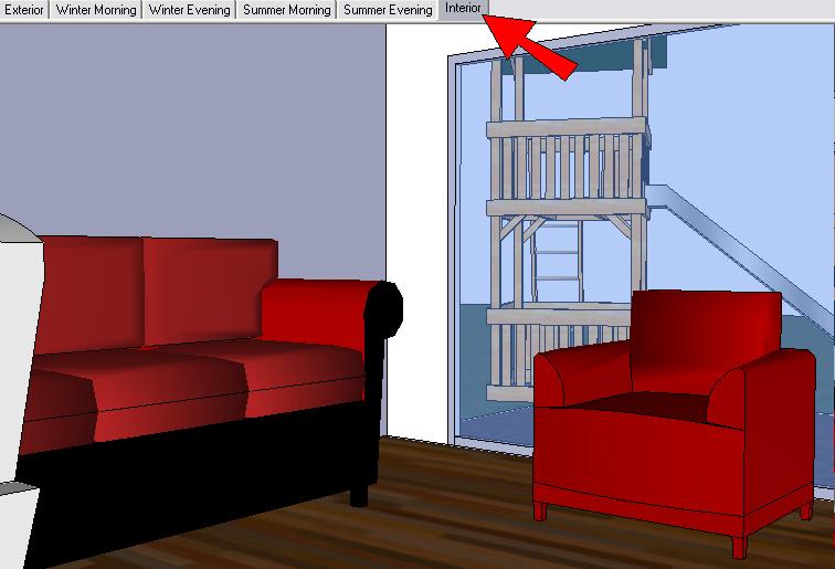 Animating Shadows in Google SketchUp Step 2: Check Out the Interior 1. Click the last scene, which shows an interior view of one of the rooms. 2. Then click one of the shadow scenes.
