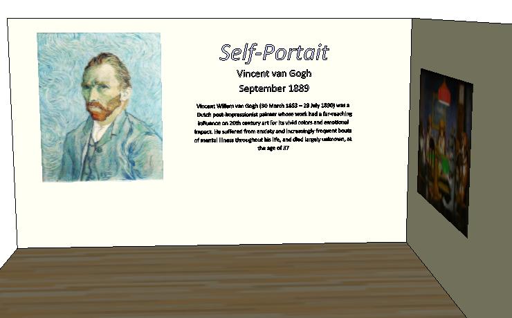 Replacing Text with Graphics in Google SketchUp What we have in this model is a couple of pictures on the walls, and next to the Van Gogh is some text with information about the painting.