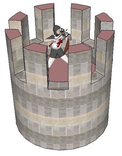 Castle Turret in Google SketchUp 5. To make the model look more castle-like, use some colors or textures. You can also add models from the 3D Warehouse, such as a 3D knight.
