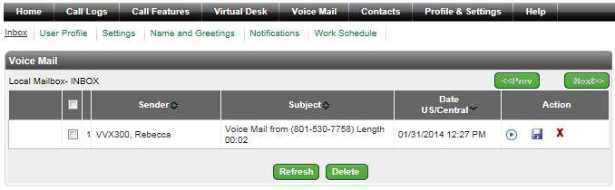 Unified Communications Inbox Click on Voice Mail from the main menu Click on Inbox from the sub menu Your Inbox will show all of the messages, played/unplayed, that are in your voicemail box Play