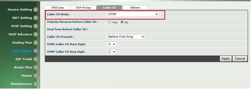Go to FXS Setting Caller ID Caller ID Mode to select one of Caller ID Mode ( DTMF, FSK Bellcore, FSK ETSI, See Figure 23 ).