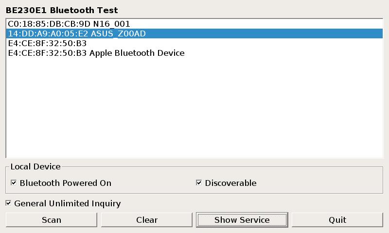 2.4 Bluetooth Test This test app is modified from Qt s Bluetooth Scanner example. It could be used to scan the available Bluetooth devices nearby and do pairing/unpairing to assigned remote device. 2.