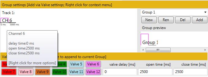 16 Adding Valves The user can add valve functions to the group by clicking on the corresponding valve button in the Valve settings section.