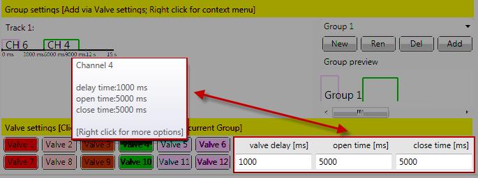 This can be changed with the valve delay, open time, and close time options on the left side of the Valve settings section.