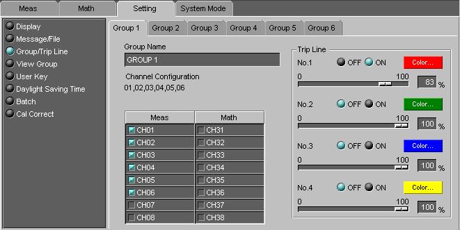 2.5 Confiuring the Engineering Mode Group/Trip Line Click here (also selectable from [Setting] - [Engineering Mode Setting]). Select the tab of the group to be configured. Enter the group name.