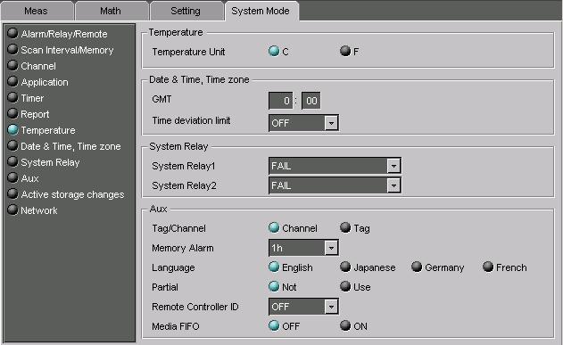 2.6 Configuring the System Mode Temperature Unit, Time Zone, Time deviation limit, System Relay and Auxiliary Functions Click here (also selectable from [Setting] - [System Mode Setting]).