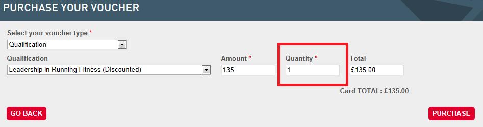Enter the number of vouchers you wish to purchase in the Quantity box, highlighted below. The amount to pay by Card will change automatically.