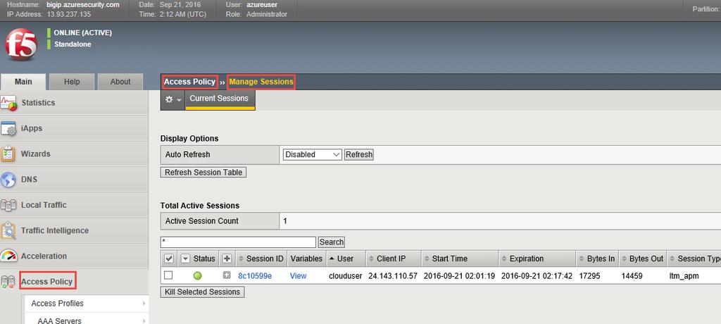 Viewing APM Session Management End-user session information may be viewed from within the management GUI.