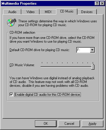 Finally enable the digital CD audio for this CD-ROM device and click on the OK push button, so that all new selections can take effect.