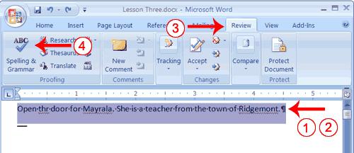 Using Spell Check For Word 2003, click on the Tools menu, and then select Spelling and Grammar. For Word 2007, click on the Review tab, and then select Spelling and Grammar.