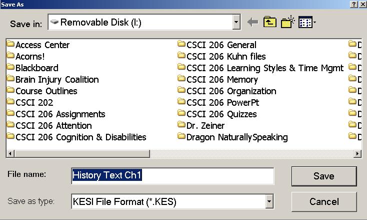 Saving: Kurzweil File SAVING TO FLASH DRIVE: (1) Scan text (2) Save file directly to flash drive: 1. Click Save on Main toolbar 2.
