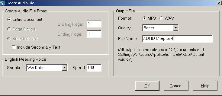 Saving: MP3 File SAVING TO CD: (1) Scan text (2) Create audio file: 3. File menu > Audio Files > Create Audio File 4.