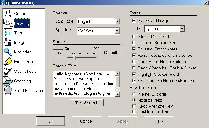 TO CHANGE SPEAKER: Reading 1. Tools menu > Options <OR> Keyboard: CTRL + F1 2. Click Reading in Side Menu 3.