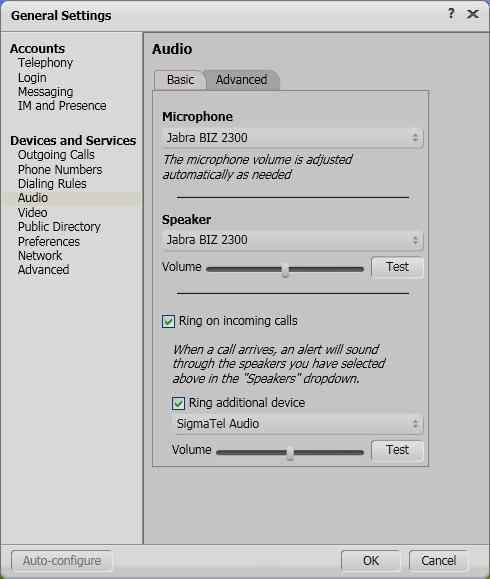 The Jabra headset will appear as Jabra BIZ 2300 under the Basic tab of the Audio settings.