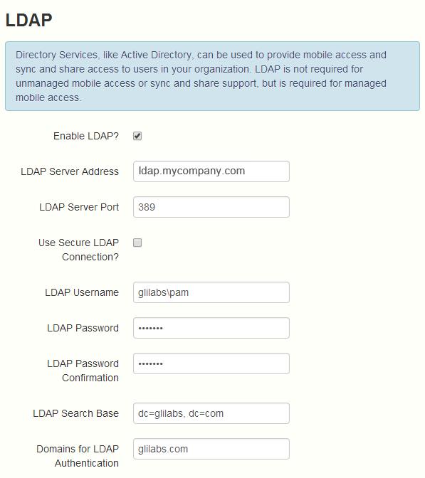 1. Press Save. LDAP Note: You can skip this section, and configure LDAP later. 1. Mark Enable LDAP. 2. Enter the DNS name or IP address of your LDAP server. 3. Enter the port of your LDAP server. 4.