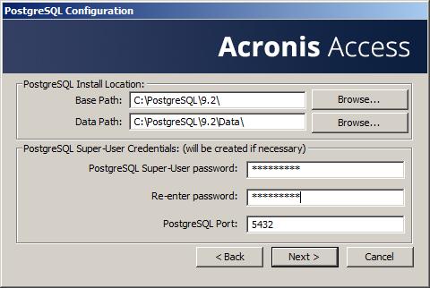 We recommend you do not change these installation paths. 8. The Acronis Access Server uses a PostgreSQL database to store its settings.